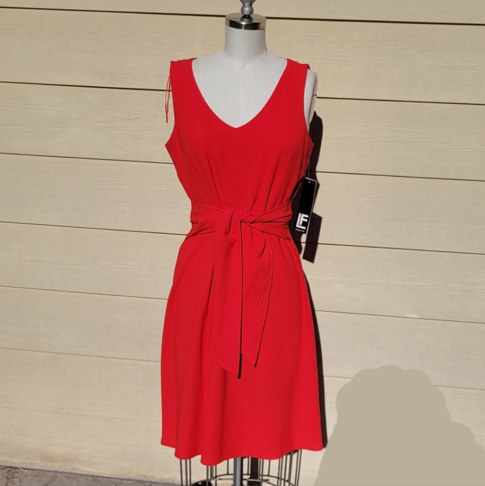 NEW Leslie Fay Red Tie Waist Crepe Dress